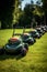 Lawn robot mows the lawn. Robotic Lawn Mower cutting grass. AI. Generative AI