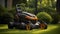 Lawn robot mows the lawn. Robotic Lawn Mower cutting grass. Ai. Generative AI