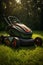 Lawn robot mows the lawn. Robotic Lawn Mower cutting grass. Ai. Generative AI