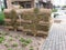 lawn rolls stacked on a pallet in the city yard. The concept of preparation for the ennobling of the urban environment