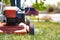 Lawnmower being used on front lawn