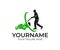 Lawnmower man and lawnmower, logo design. Landscape design and gardening, vector design