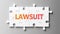 Lawsuit complex like a puzzle - pictured as word Lawsuit on a puzzle pieces to show that Lawsuit can be difficult and needs