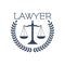 Lawyer icon, justice scales, laurel wreath emblem