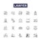 Lawyer line vector icons and signs. Attorney, Barrister, Solicitor, Counsellor, Mediator, Negotiator, Jurist