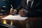 A lawyer or manager signs a contract or business agreement