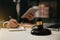 Lawyer in office. Businessmen sitting at desk and making notes