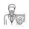Lawyer with shield line black icon. Defendant defense. Courthouse concept. Law and justice profession. Sign for web page, mobile