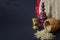 Laxmi puja essentials for rituals kept together. rice paddy grains, wooden owl and other objects symbolizing goddess of riches and