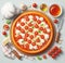 lay flat melted mozzarella cheese tomato and basil pizza ready to eat illustration