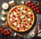 lay flat melted mozzarella cheese tomato and basil pizza ready to eat illustration