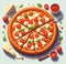 lay flat melted mozzarella cheese tomato and basil pizza ready to eat illustration