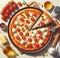 lay flat melted mozzarella cheese tomato and basil pizza ready to eat illustration