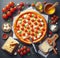 lay flat melted mozzarella cheese tomato and basil pizza ready to eat illustration