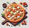 lay flat melted mozzarella cheese tomato and basil pizza ready to eat illustration