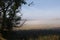 A layer of fog hovering over wetlands surrounded by a ring of trees in Trevor, Wisconsin