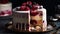 Layered berry cheesecake with fresh fruit decoration on wooden plate generated by AI