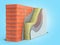 Layered brick wall thermal insulation concept 3d render on blue gradient background