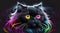 Layered bright rainbow black neon oil painting of a Persian cat face showing energy transformation, AI Generative
