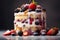 a layered cake topped with berries and cream