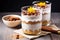 layered chia pudding with figs and honey in a glass