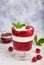 Layered dessert in glass with raspberries, jelly, yogurt and jam