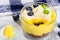 Layered healthy breakfast - Lemon Blueberry cheesecake in glass