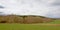 Layered landscape: meadow and bare deciduous winter forest with hill with pine forest behind under a cloudy sky