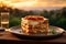 a layered lasagna on a rustic table, with Tuscan countryside in soft sunset light.