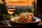 a layered lasagna on a rustic table, with Tuscan countryside in soft sunset light.