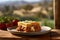 a layered lasagna on a rustic table, with Tuscan countryside in soft sunset light.