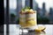 Layered lemon fruits, granola and cream dessert in glass. Generative AI