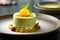 Layered matcha green tea biscuit cake with vanilla cream and mango puree. Healthy sweet food concept. Matcha dessert garnished
