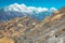 Layered Mountain View grassy Rocks and snow capped Peaks