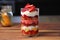 layered strawberry shortcake in a glass jar
