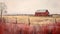 Layered Textural Surfaces: A Panoramic Realistic Landscape Of A Red Barn On A Farm