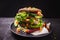 Layered Vegetarian toast with salad, vegetables and fruits burger, healthy Breakfast on black concrete background