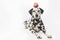 Laying Dalmatian dog with a red apple on his head on white background