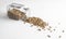 Laying glass bottle with spilled golden nuggets on white background