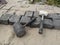 Laying granite paving stones - two rubber mallets close-up