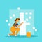 Laying tiles. Worker woman installing ceramic tiles on bathroom wall. Flat vector illustration.