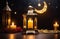 Laylat al-Qadr, holy month of Ramadan, Arab lantern fanus, candles, moon moon and stars, golden beads, magical