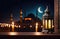 Laylat al-Qadr, holy month of Ramadan,Arabic fanus lantern on a wooden windowsill, candles, view from the window,