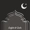 Laylat al-Qadr. Islamic religion holiday. Symbolic silhouette of the mosque. Gray shades of color. Moon and star. Paper style