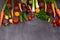 Layout of assorted fresh vegetables on a gray background. Tomatoes, cucumbers, eggplants, onions, carrots and beets are