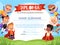 Layout of children`s diploma with cheerful children superheroes. Kids reward