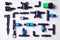 Layout of drip irrigation system close-up on a white background. Diy drip irrigation system assembly plan, top view.