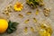 Layout with fish oil capsules, tansy, dry chamomile flowers, lemon, calendula, glass cup, raspberry leaf on linen fabric at the