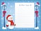Layout letter to Santa Claus with funny Snowman in santa hat and Christmas vintage streetlamp