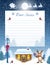 Layout letter to Santa Claus with wish list and cartoon funny fawn deer with gift box and Santa`s workshop against winter forest